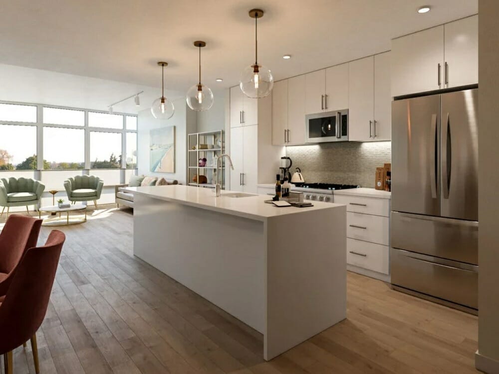 Open Kitchen And Living Room With A Dining Area And White Kitchen Cabinets 