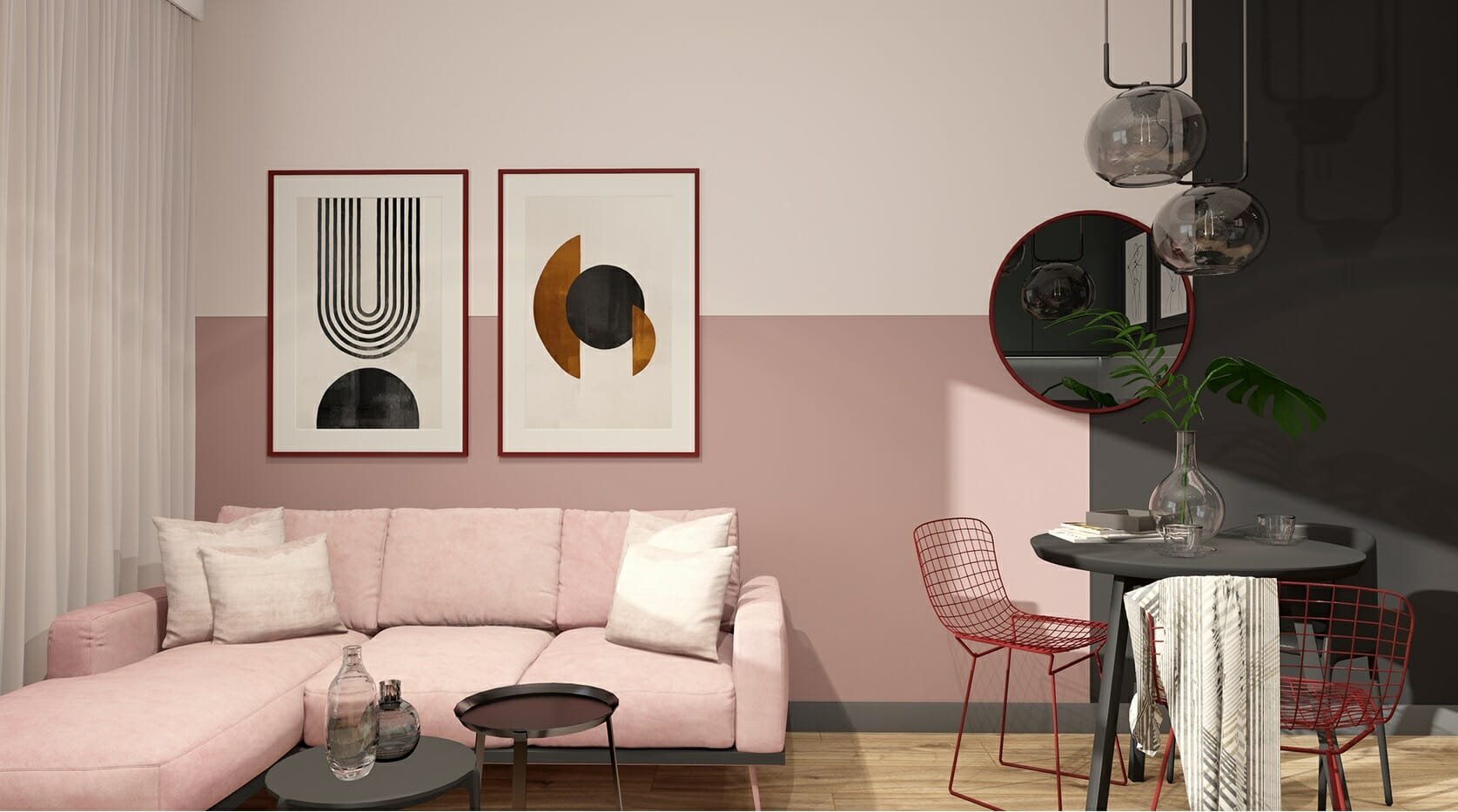Colorblocked pink accent walls in living rooms