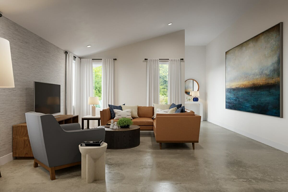 Contemporary living room with oversized artwork by online interior designer Drew F