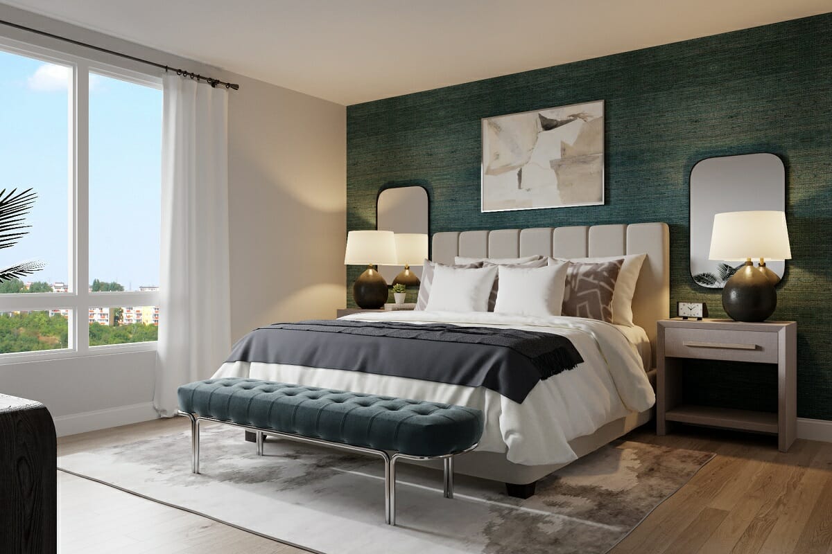 Elegant bedroom by online interior decorator Drew F