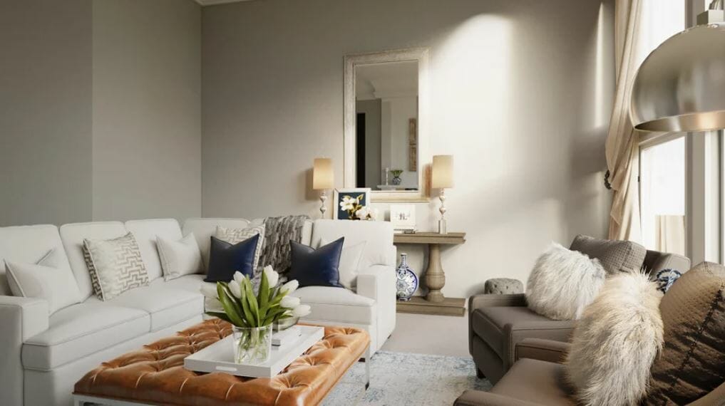 Living room with transitional great room design and a spacious layout