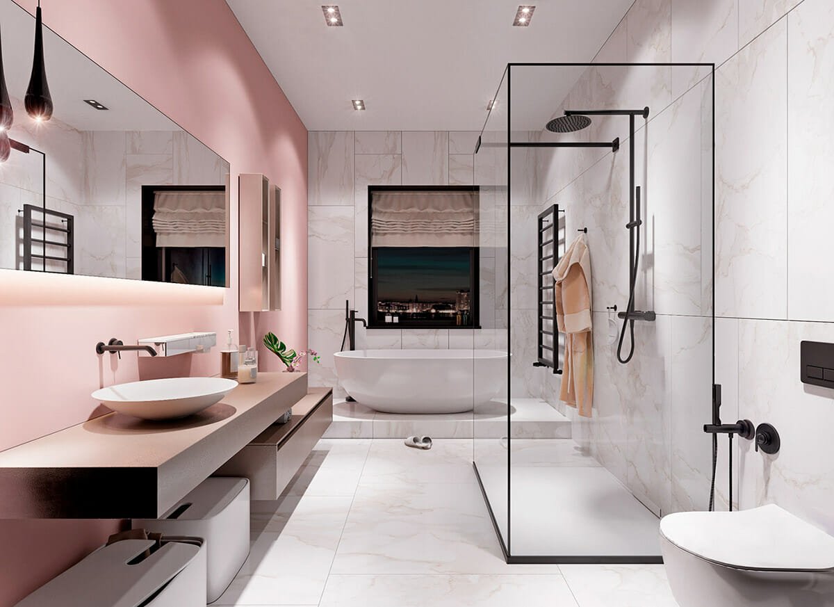 Lush pink accent wall for bathroom design