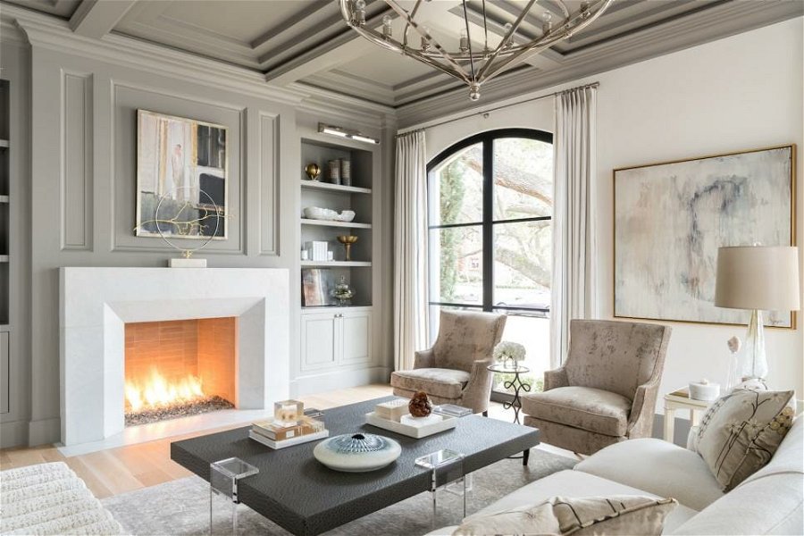 Luxury living room with grey accent wall colors