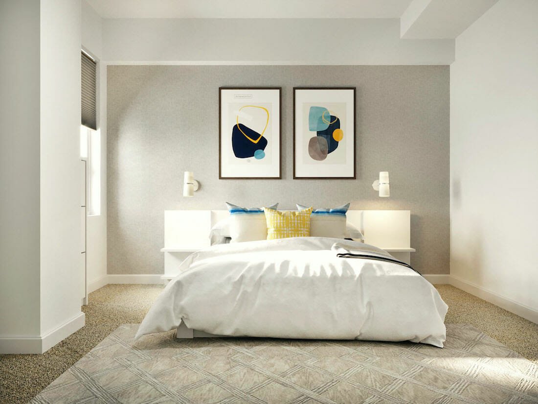 Diseño-interior-de-dormitorio-para-hombres-en-blanco-con-suaves-azules-y-amarillos-pops