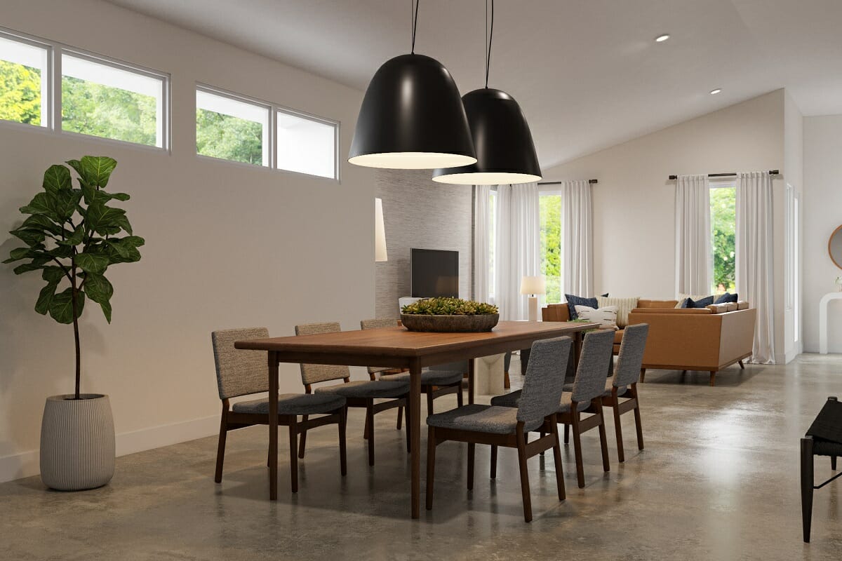 Modern dining room with oversized pendant lights by online interior designer Drew F