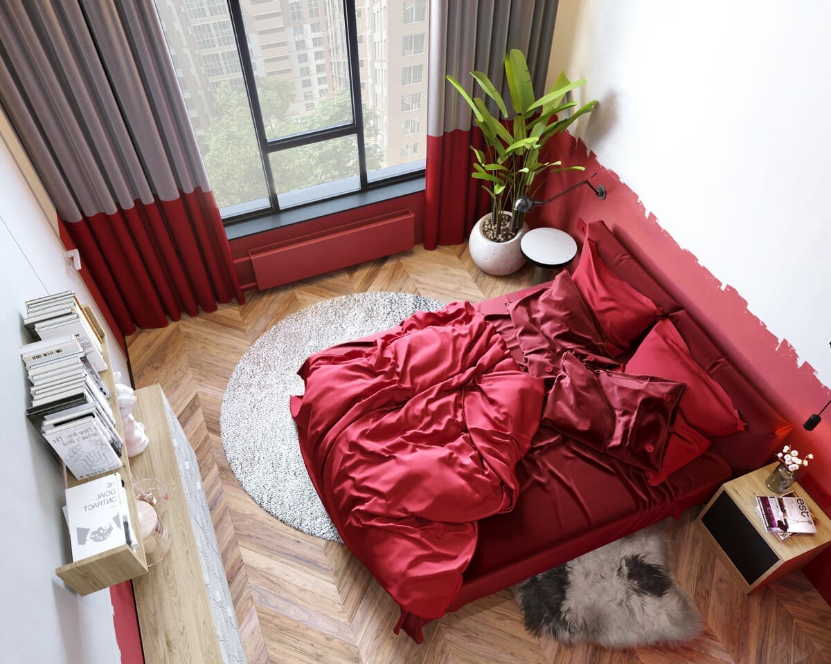 Stunning bedroom design in one of the most ravishing accent wall colors, red