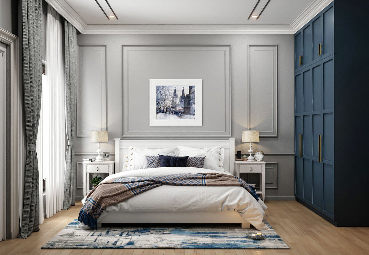 Wardrobe painted as a blue accent wall for a luxury bedroom