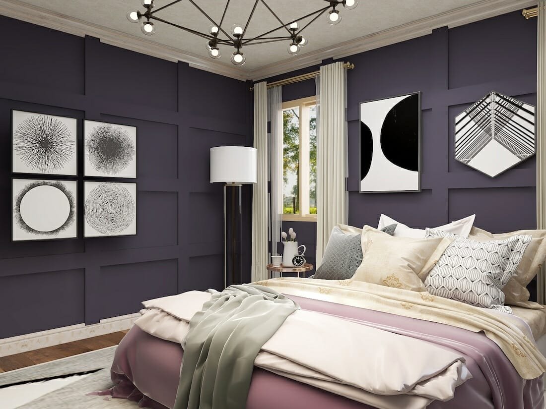 glam master bedroom with purple accent walls
