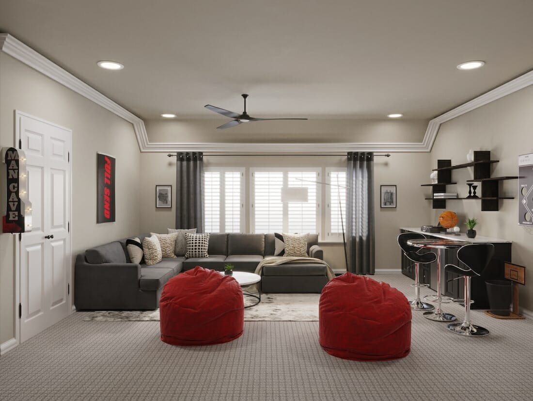 Modern red and black man cave design