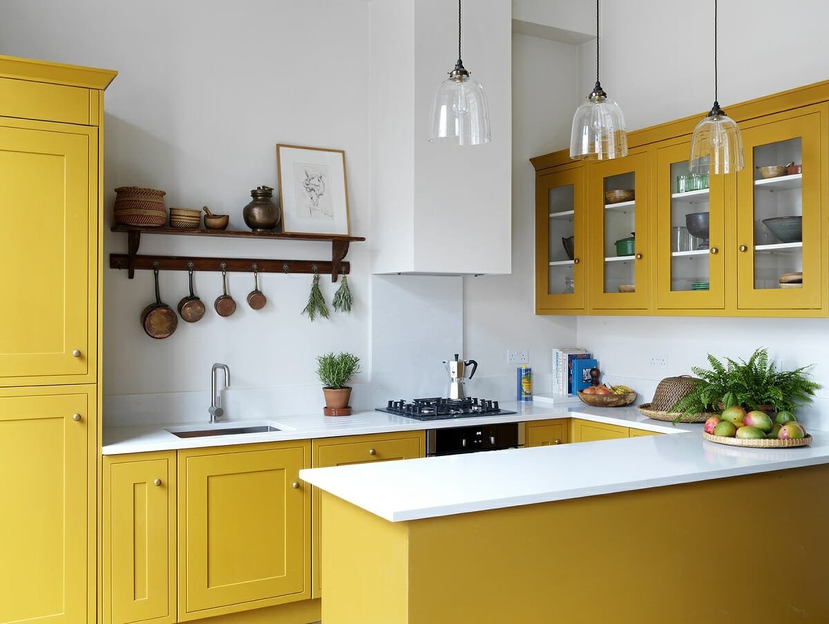 yellow kitchen brown cabinet design