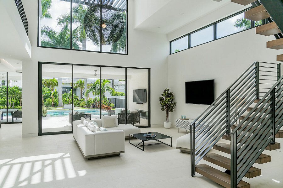 Minimalist modern home interior design with a patio