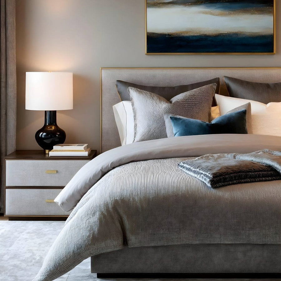Grey bedroom design with gold accents, by Decorilla