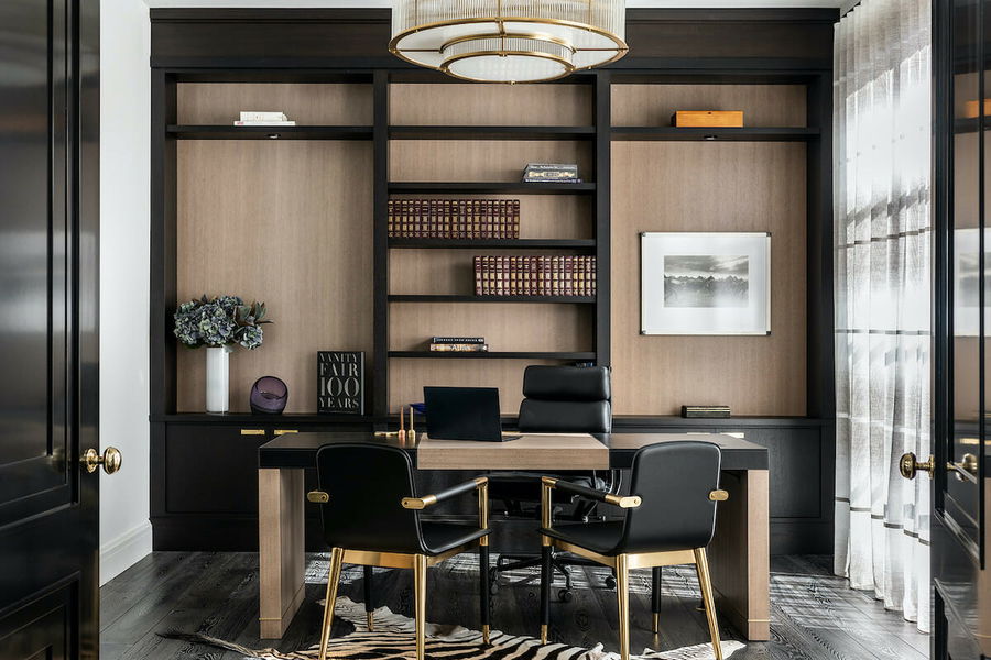 Masculine basement home office