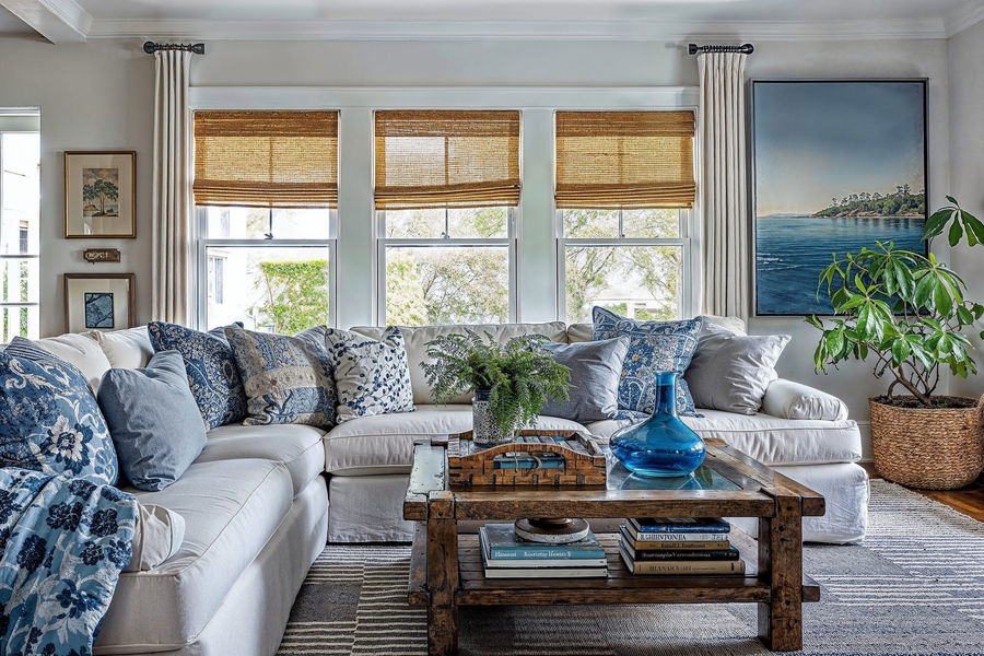 Cape cod decorating style for a living room with a bay window