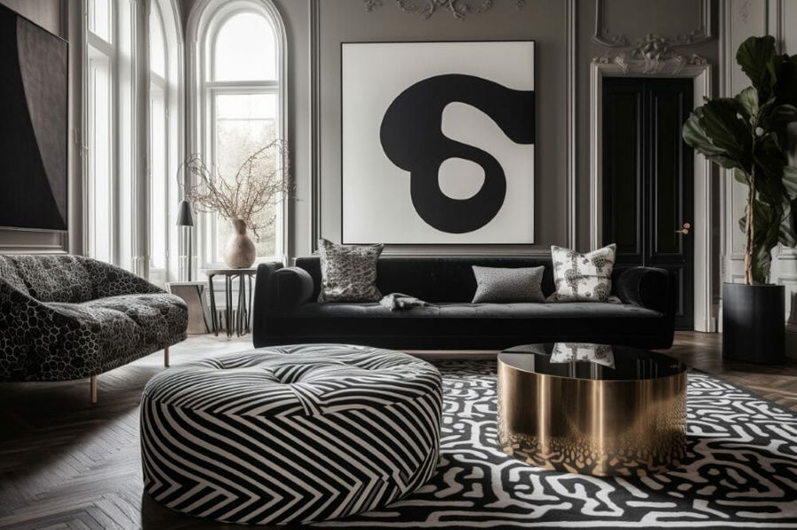 Curved sofa in a boho living room by Decorilla designer