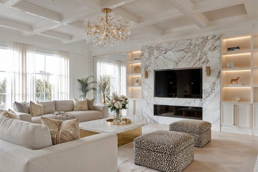Summer home decor ideas in a glam living room by Decorilla