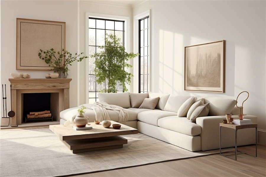 Welcoming warm neutral living room design