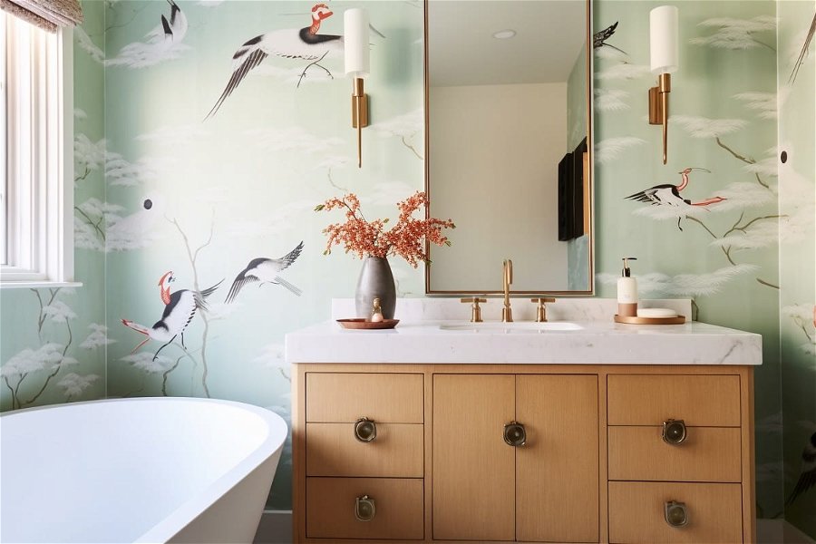 Bathroom wallpaper ideas with a bright white and green theme