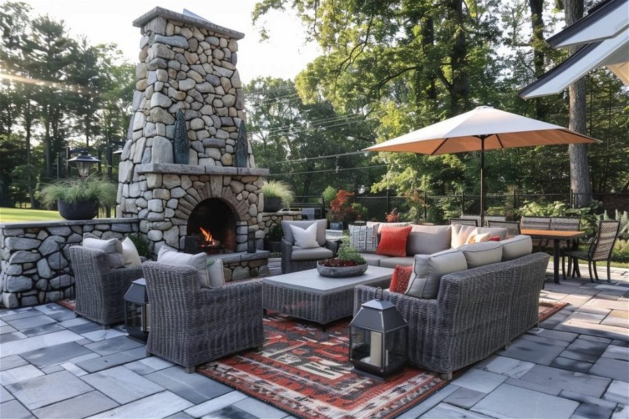 Modern rustic patio design with a fireplace by Decorilla