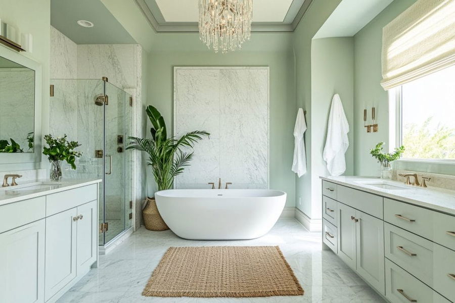 Soothing luxury master bathroom design by Decorilla featuring bathroom trends 2025