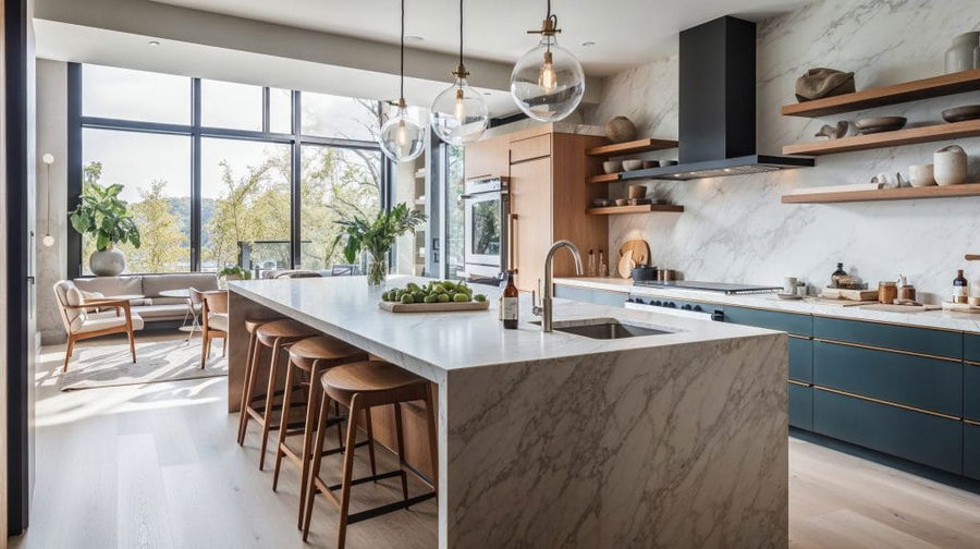 Waterfall countertops in a kitchen by Decorilla