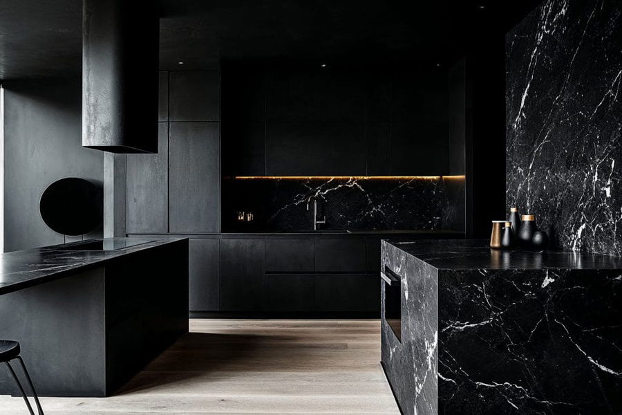 Modern moody black on black kitchen by Decorilla