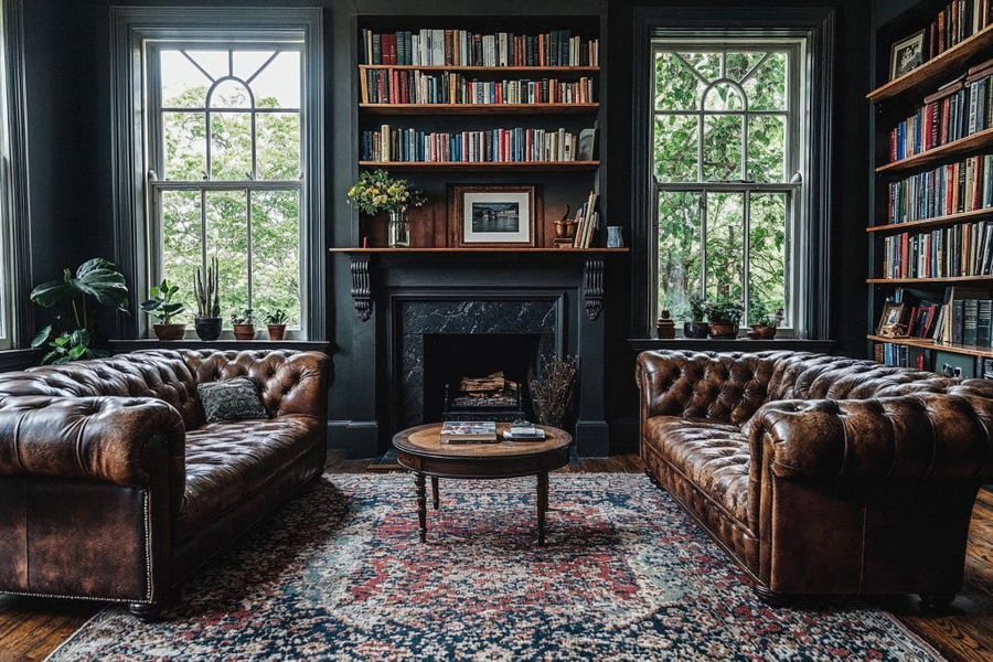 Traditional living room with dark academia aesthetic by Decorilla