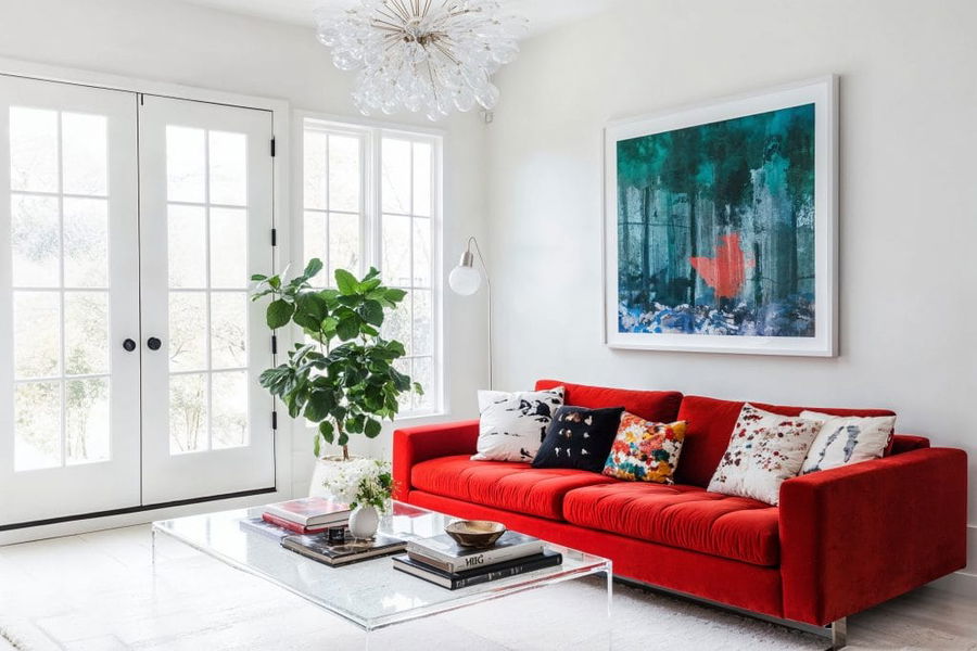 Unexpected red theory in a modern living room by Decorilla