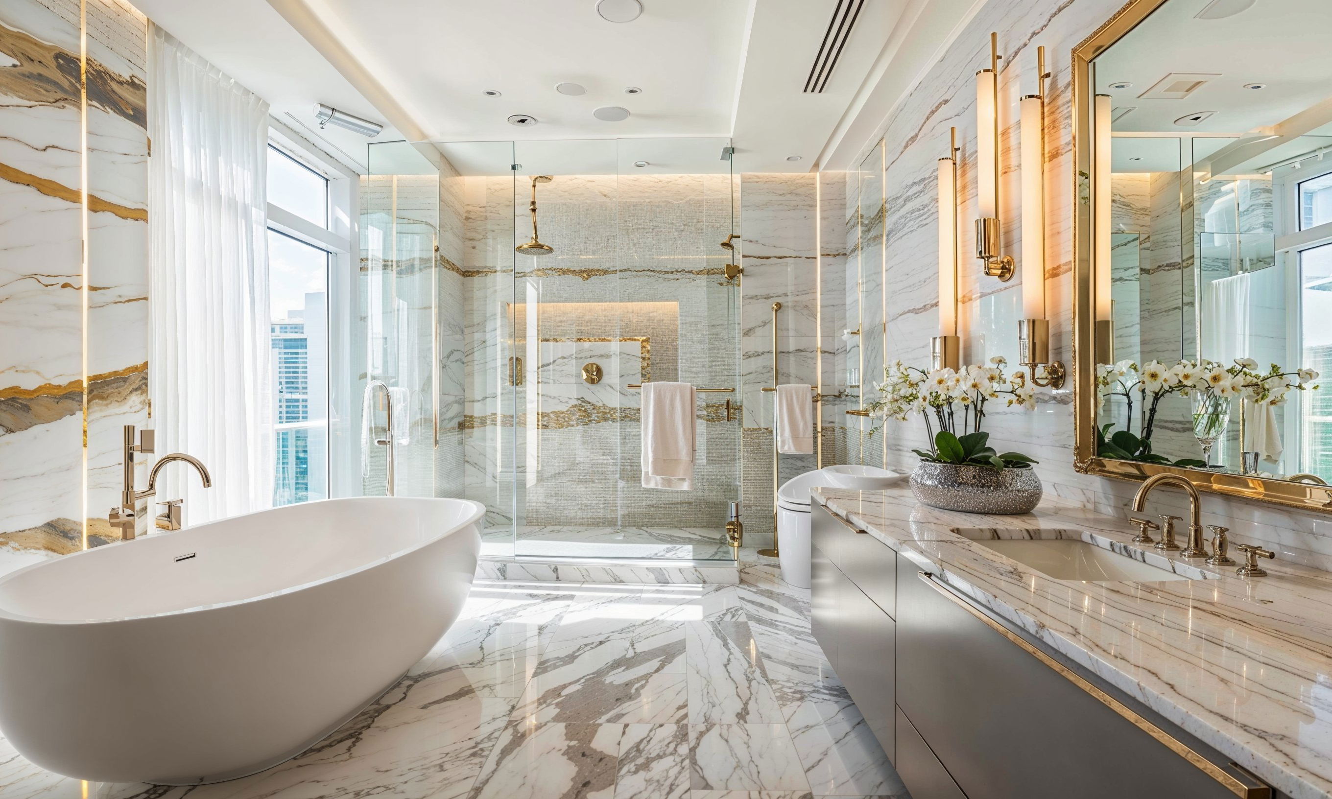 Before &amp; After: Lavish White and Gold Bathroom Remodel by affordable New Jersey interior decorators