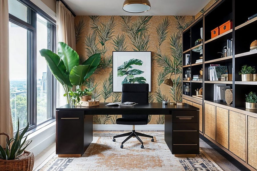 Bureau éclectique tropical et combo de chambre d'amis avant et après, par décoroulla