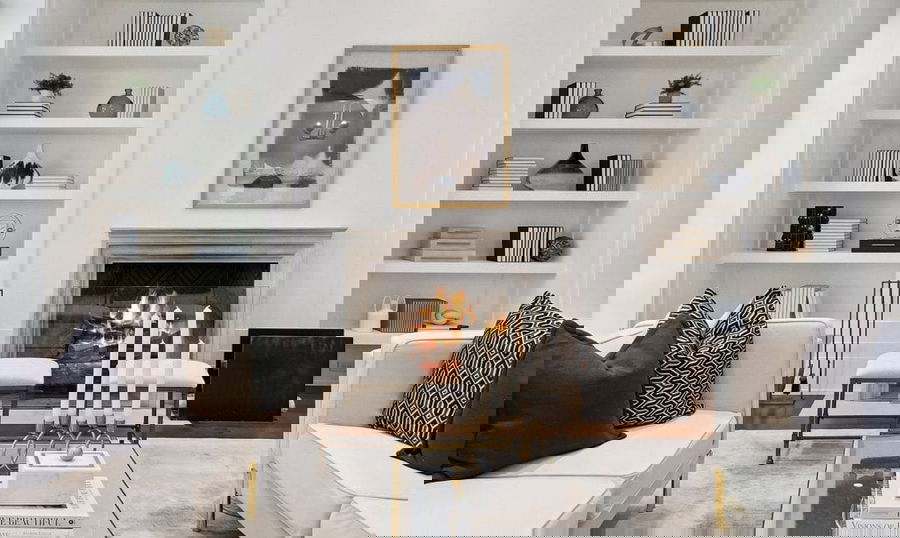 Winter decorating ideas in a living room by Decorilla designer, Autumn P. 