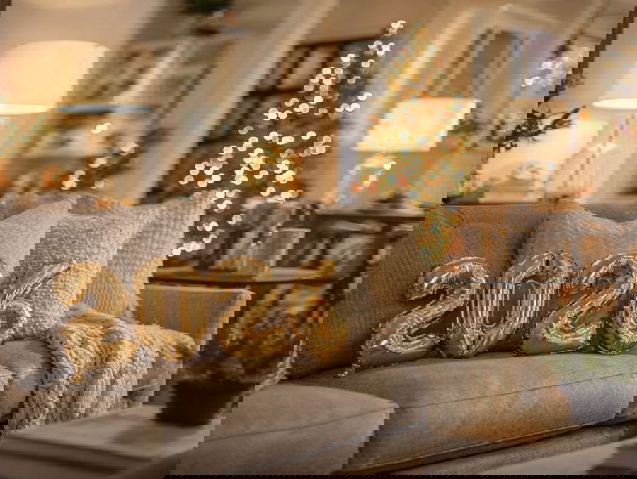 Living room tastefully decorated for New Years Eve by Decorilla