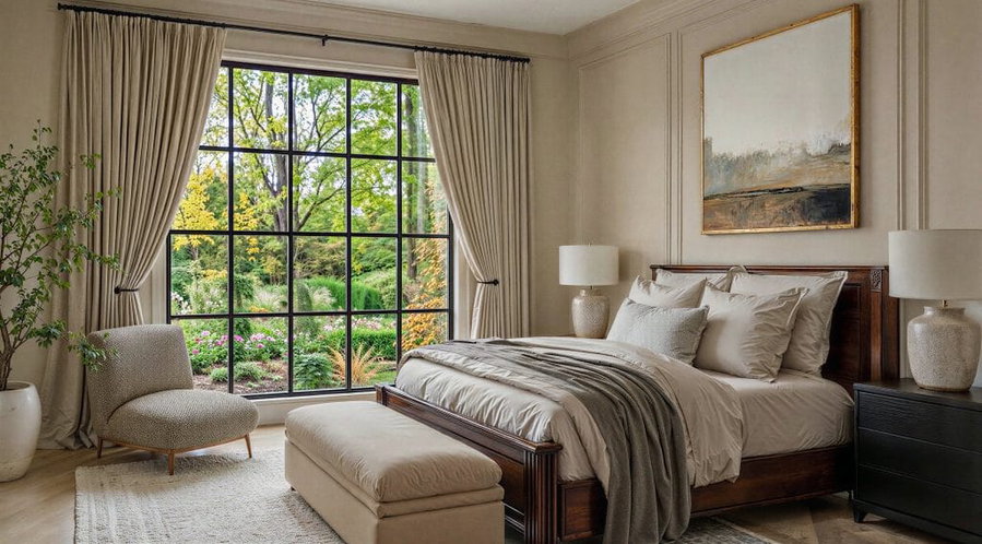 Elegant primary suite design by Decorilla