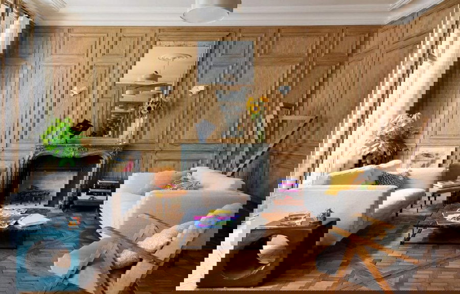 Modern wood paneling living room by DECORILLA designer, Federica P.