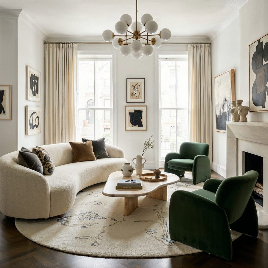 Curved furniture in a luxury glam transitional living room by Decorilla