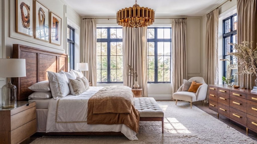 Elegant primary suite design by Decorilla