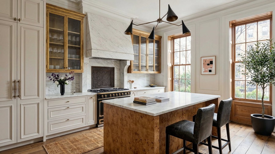 Transitional kitchen design with cashmere color cabinets by DECORILLA