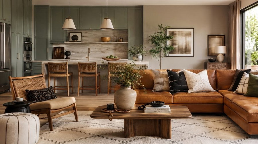 Warm earthy living room color scheme by Decorilla