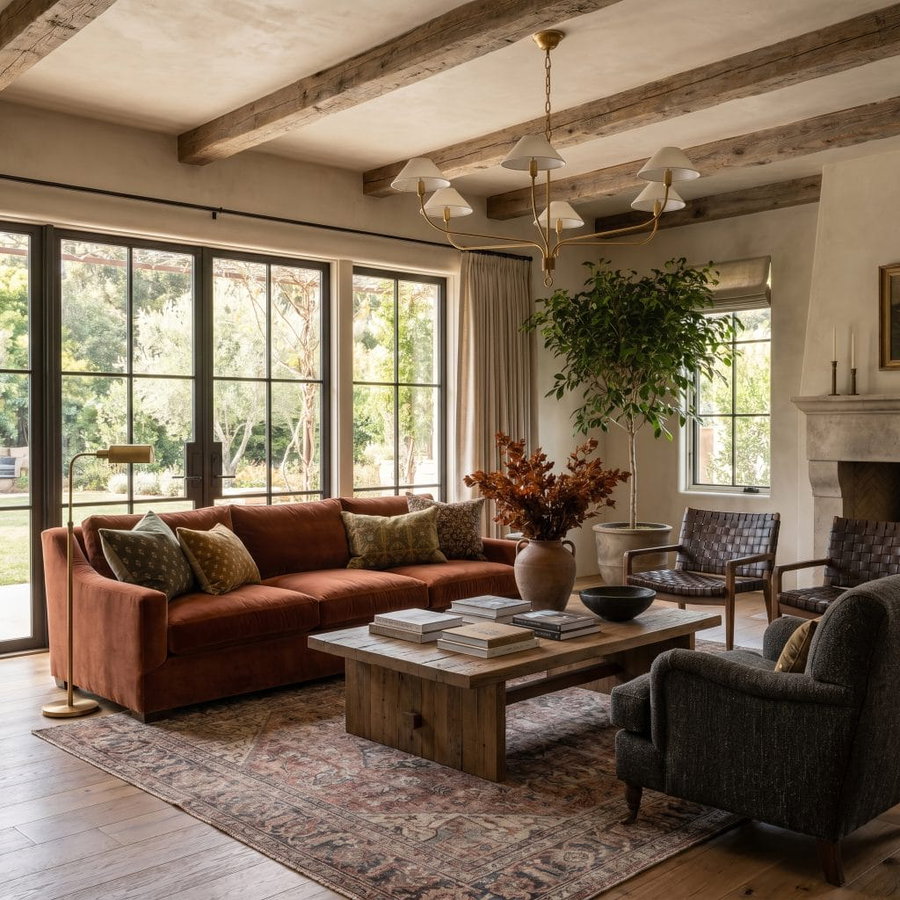Prominent limewash paint texture in a rustic organic living room by Decorilla