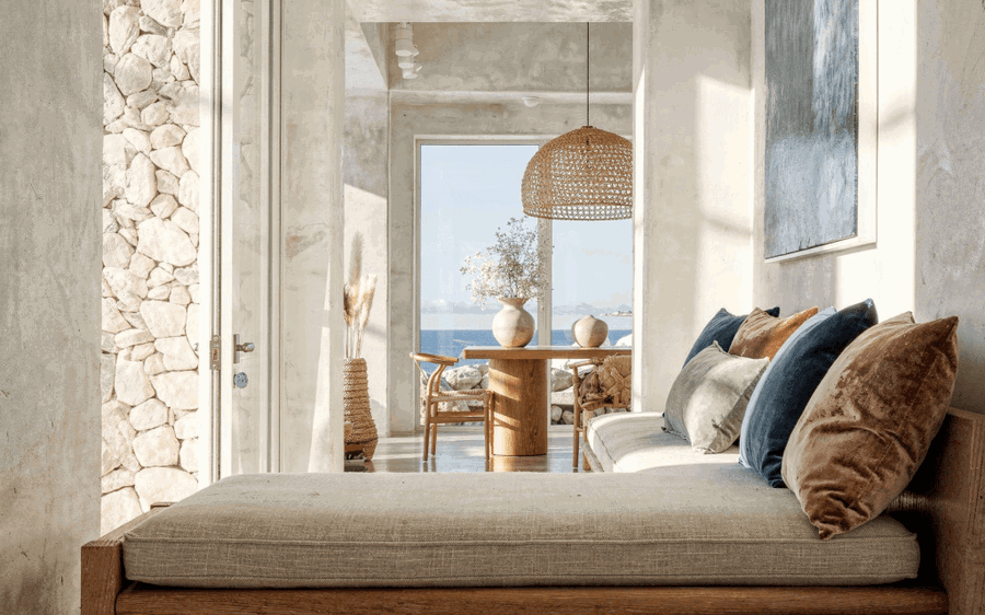 Venetian plaster paint texture in a coastal living area by Decorilla